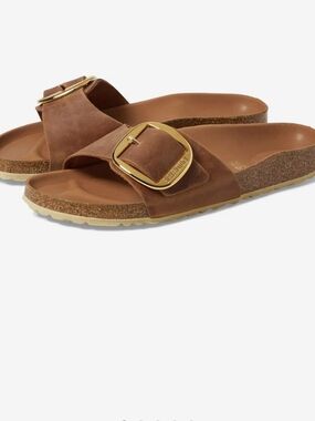 Birkenstock Madrid Big Buckle Slide - Brown with Gold Buckle